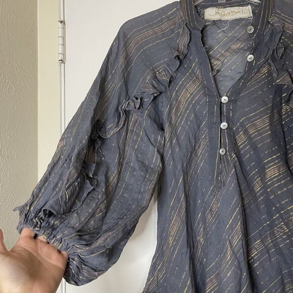 Jen's Pirate Booty blue striped button down shimmer Troubadour Top XS - Picture 5 of 8